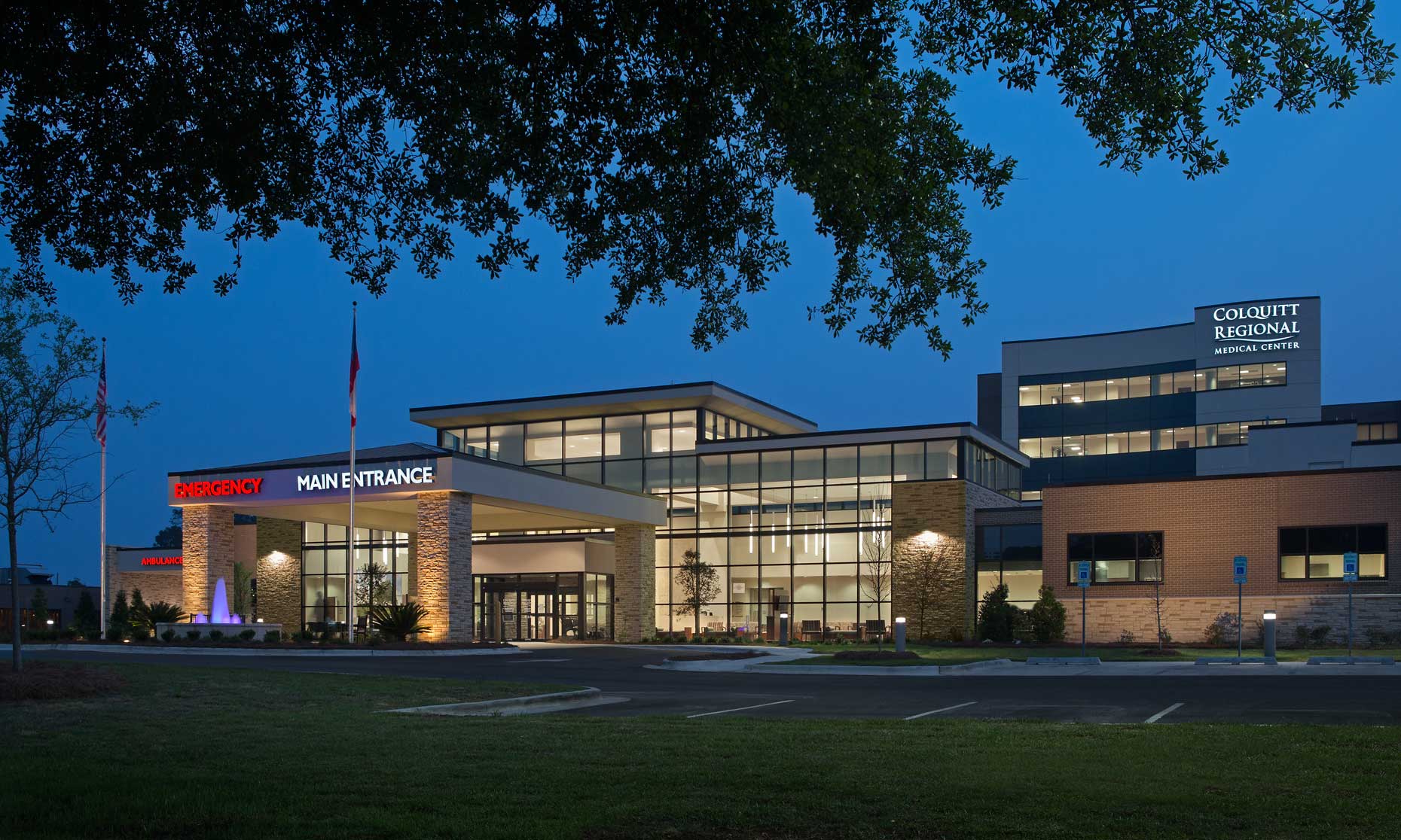 This twilight photograph of Colquitt Regional Medical Center shows interesting transparency to the inside