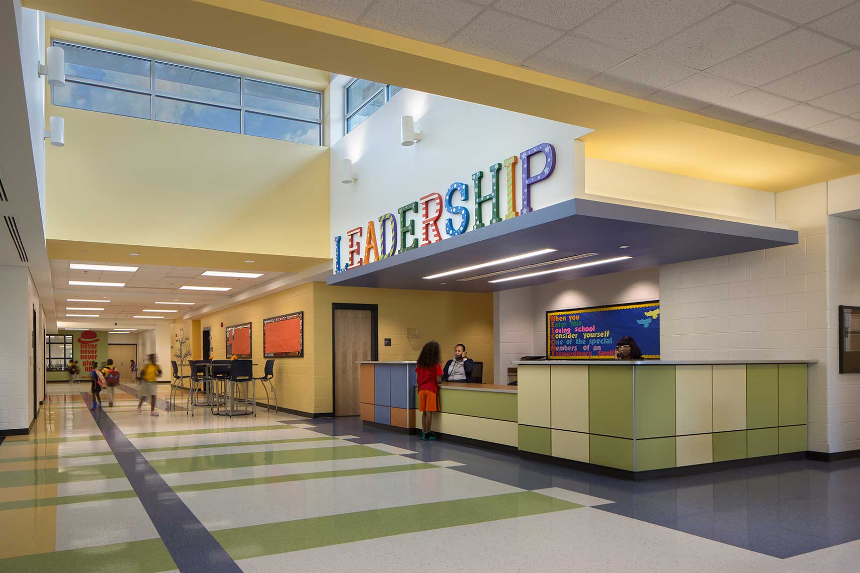 A view of the playful front desk and skylight at Gullatt Elementary School