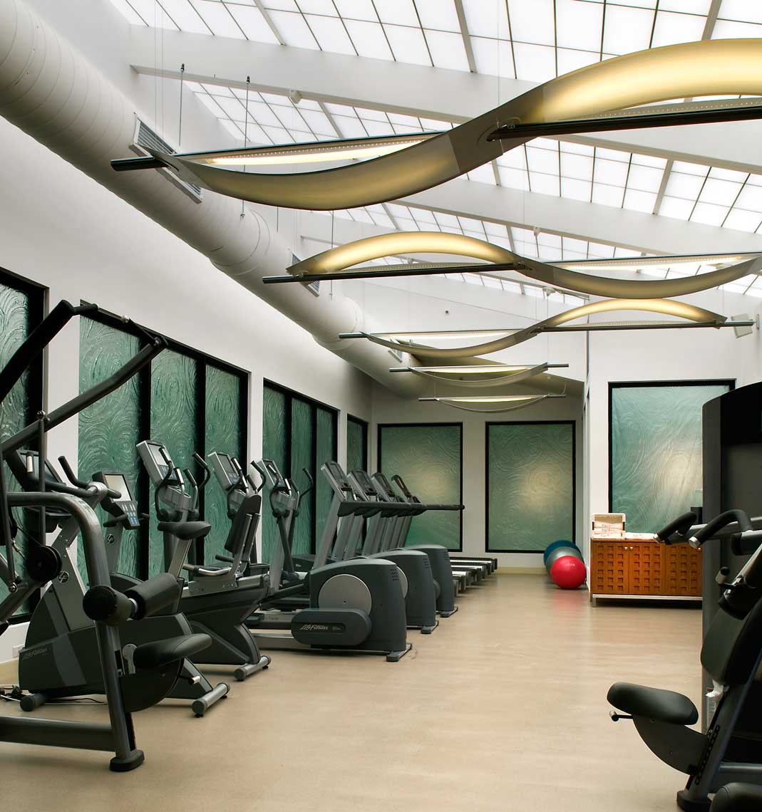 A view of the equipment and lighting at the fitness center of Hyatt Regency Newport