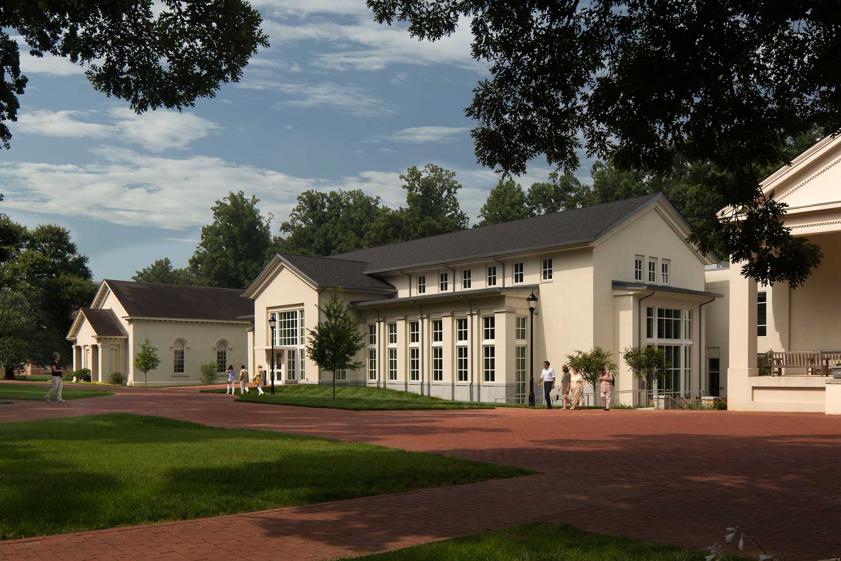 A pastoral exterior portrait of the Oxford College Library and Academic Commons, in Oxford, GA
