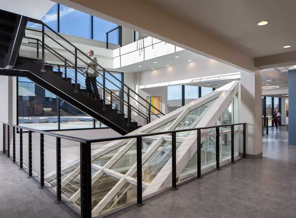 Interior view of the skylight and staircase at MNPDHQ + FSC