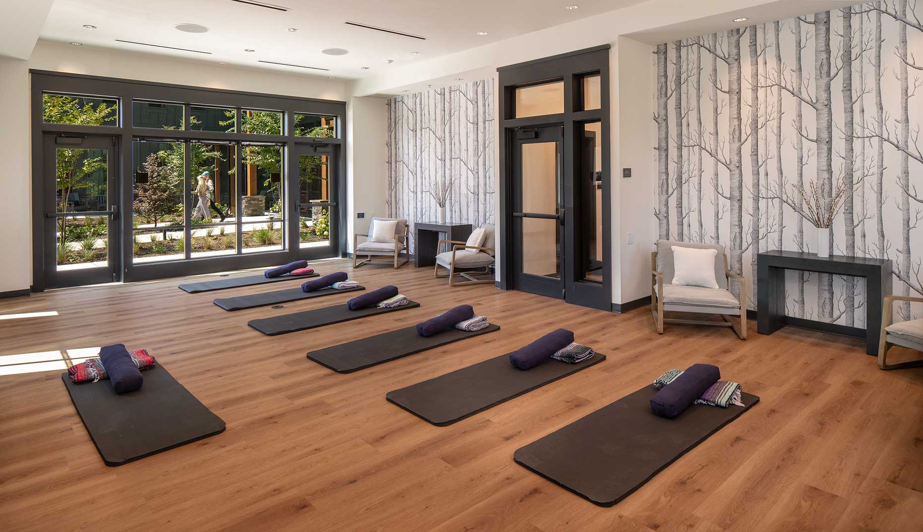 An interior view of the multi-purpose room at The Refuge Center for Counseling in Franklin, Tennessee, currently set up for a yoga class