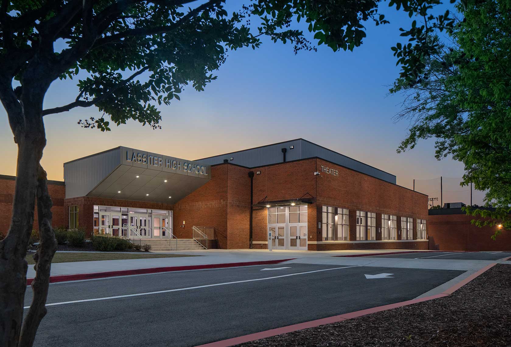 An exterior view of the Lassiter High School Addition designed by SSOE Group, which includes a new entrance and pre-function space and theater