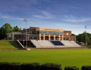 An exterior view of the football field at Columbia Academy’s athletic complex