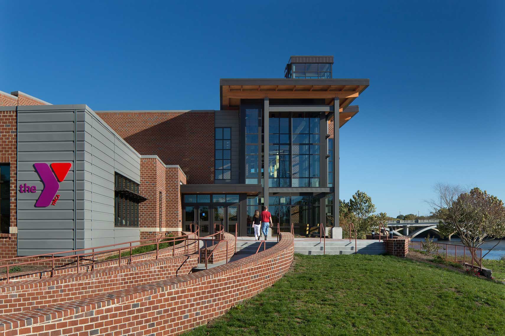 An exterior walkway at the entrance of the Danville Family YMCA