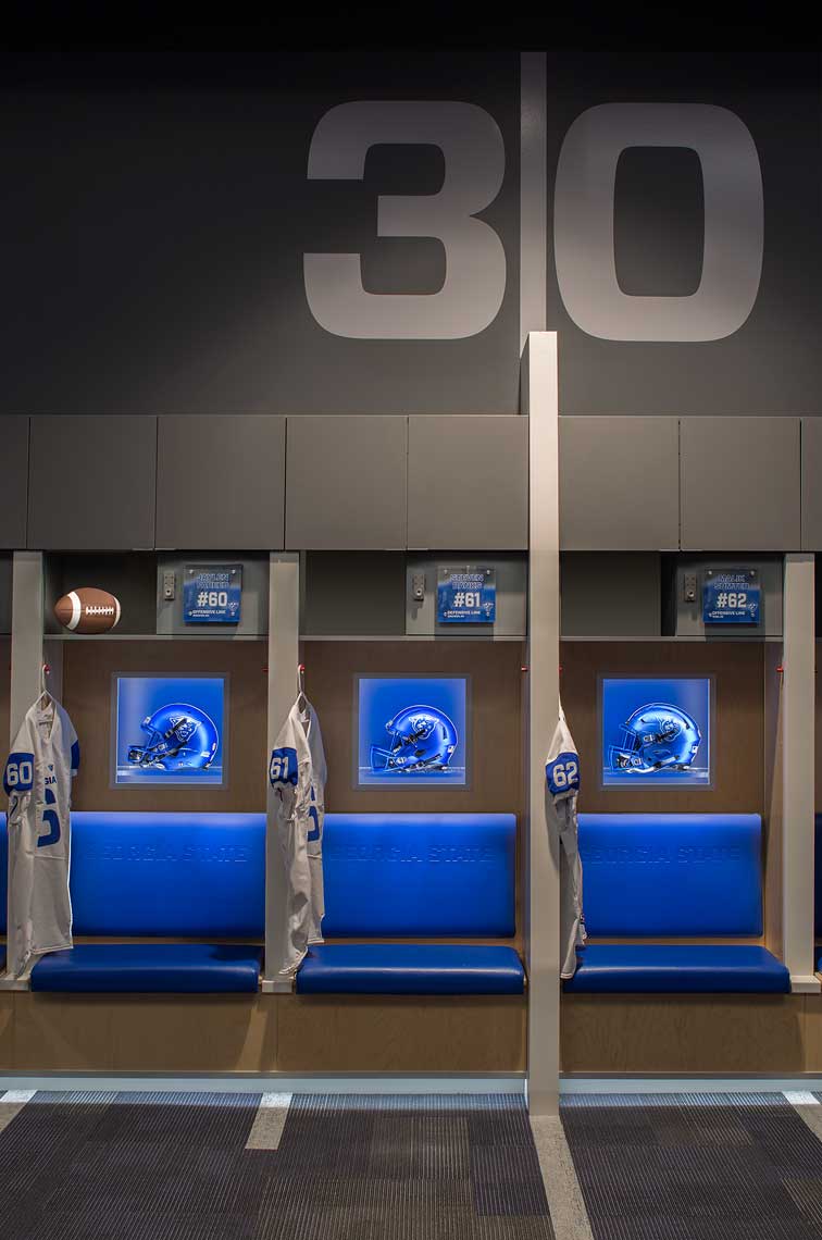 A detailed interior view of the seating in the Georgia State Stadium Locker Room