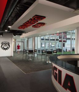 An interior daytime view of the lobby at the University of Georgia Indoor Athletic Facility
