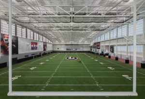 A view through the goalposts at the University of Georgia Indoor Athletic Facility