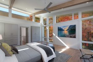 Interior view of a master bedroom in Atlanta residence with dappled sunshine