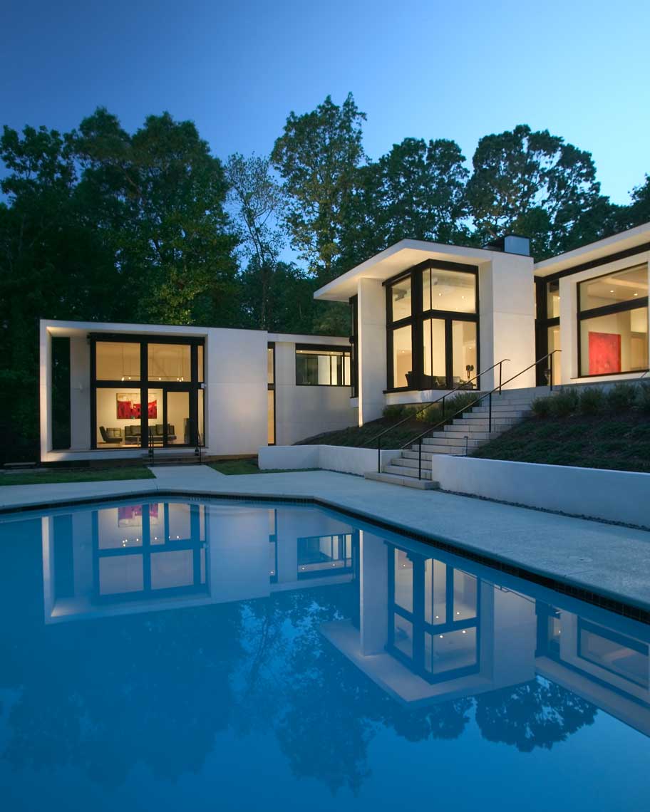 Exterior view of a pool in Atlanta residence shot at twilight