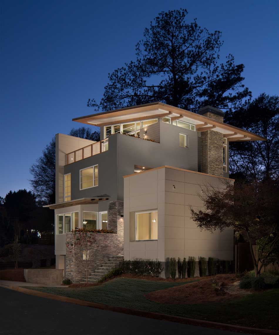 Exterior view of Atlanta residence photographed at twilight