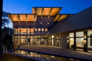 Exterior view of a Kiawah Island Contemporary Residence shot at twilight