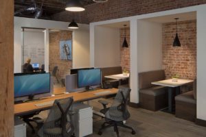 Interior close-up view of the office space at the Student Quarters