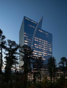 Twilight view of the architecture at Two Alliance Center