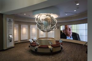 A view of the interactive display kiosk and screen in the Maxwell Center of 12Stone Church in Duluth, GA