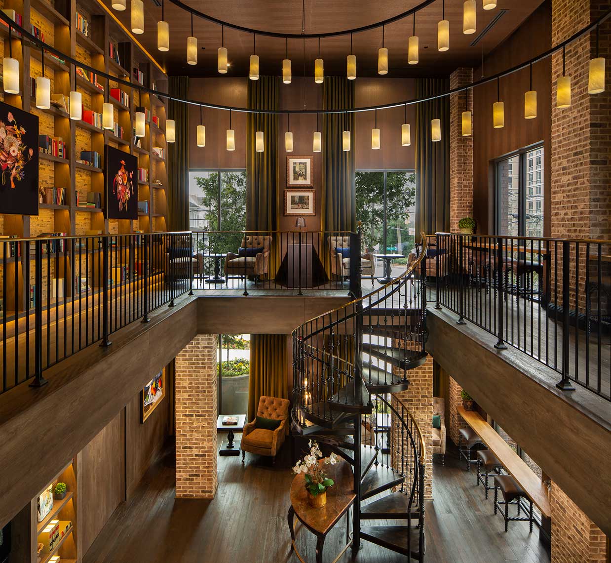 An expansive view of the two-story library within the Ashley Gables Buckhead apartment community