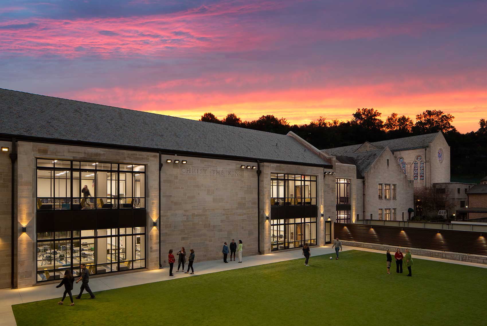 A dramatic sky enhances the appeal of this image of CTK Hyland Center Courtyard