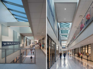 Two corresponding views of the upper and lower concourses at Muller Road Middle School