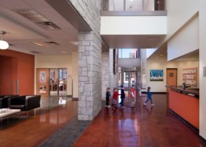 A view of the lobby with students in the Cliff Valley School in Atlanta, Georgia