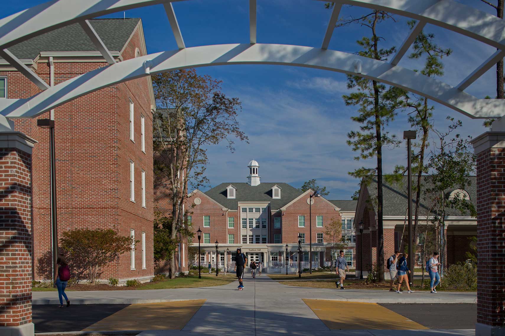 An exterior view of the walkway at Coastal Carolina University’s Student Housing