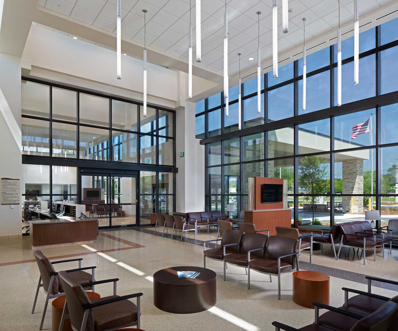 This view of the spacious lobby shows the interplay of interior and exterior at Colquitt Regional Medical Center