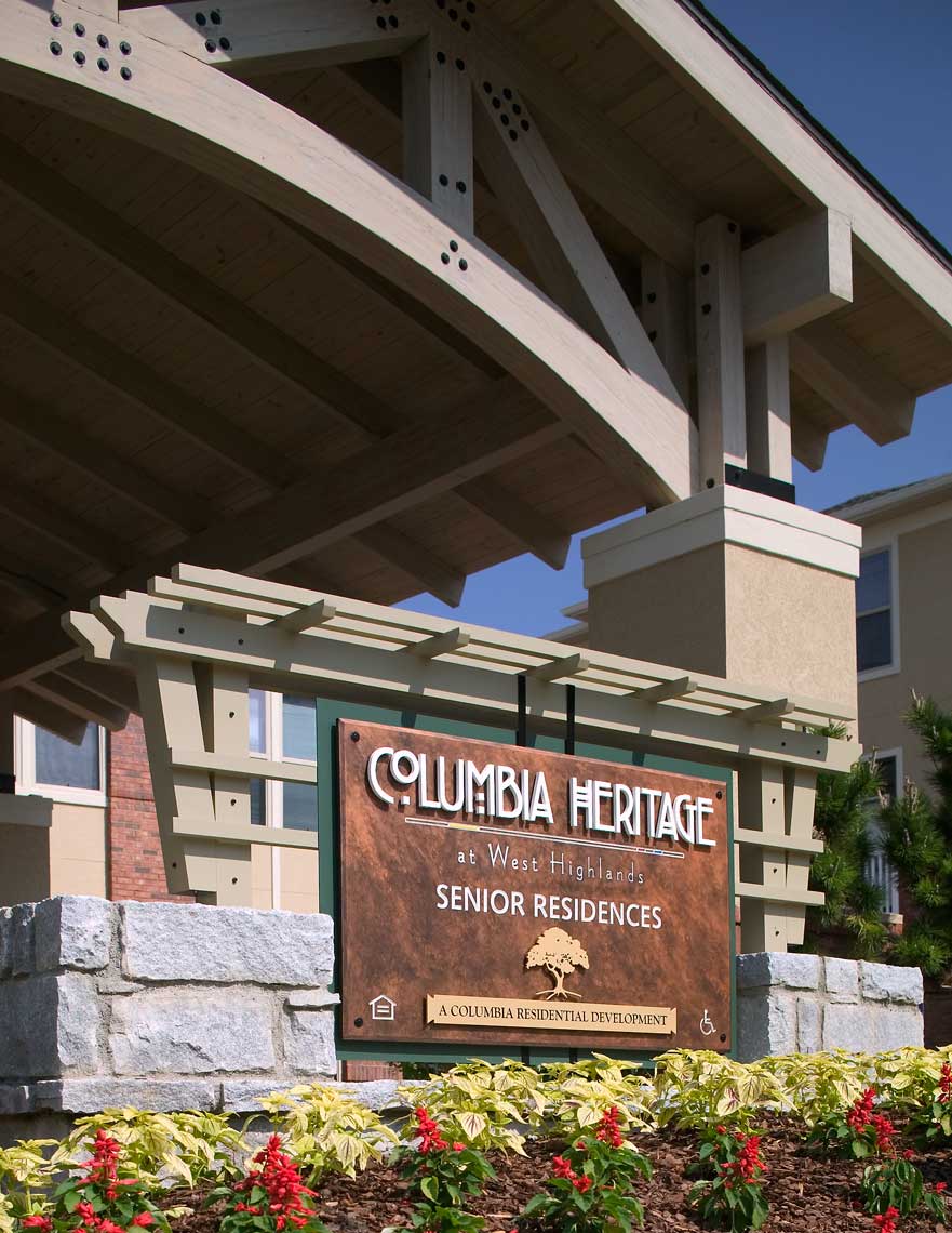A photograph of the majestic signage detail at Columbia Heritage Senior Residences at West Highlands