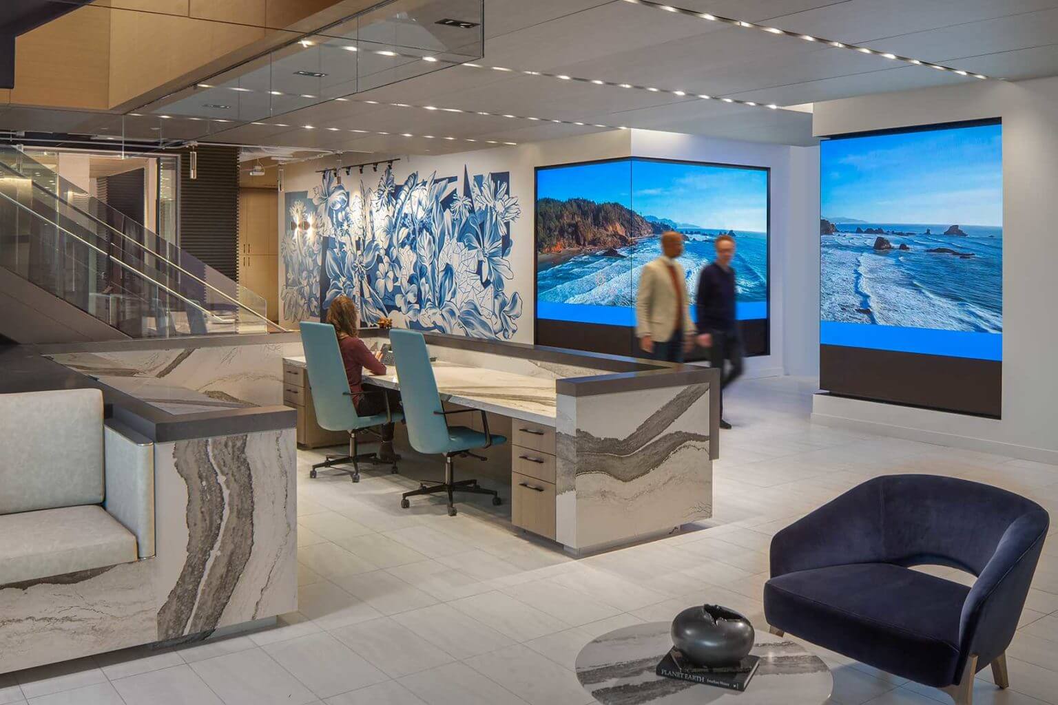 An interesting view of a bold lobby with large digital displays - Atlanta Architectural Photographers