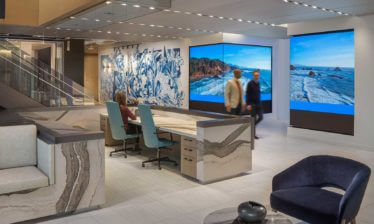 An interesting view of a bold lobby with large digital displays - Atlanta Architectural Photographers