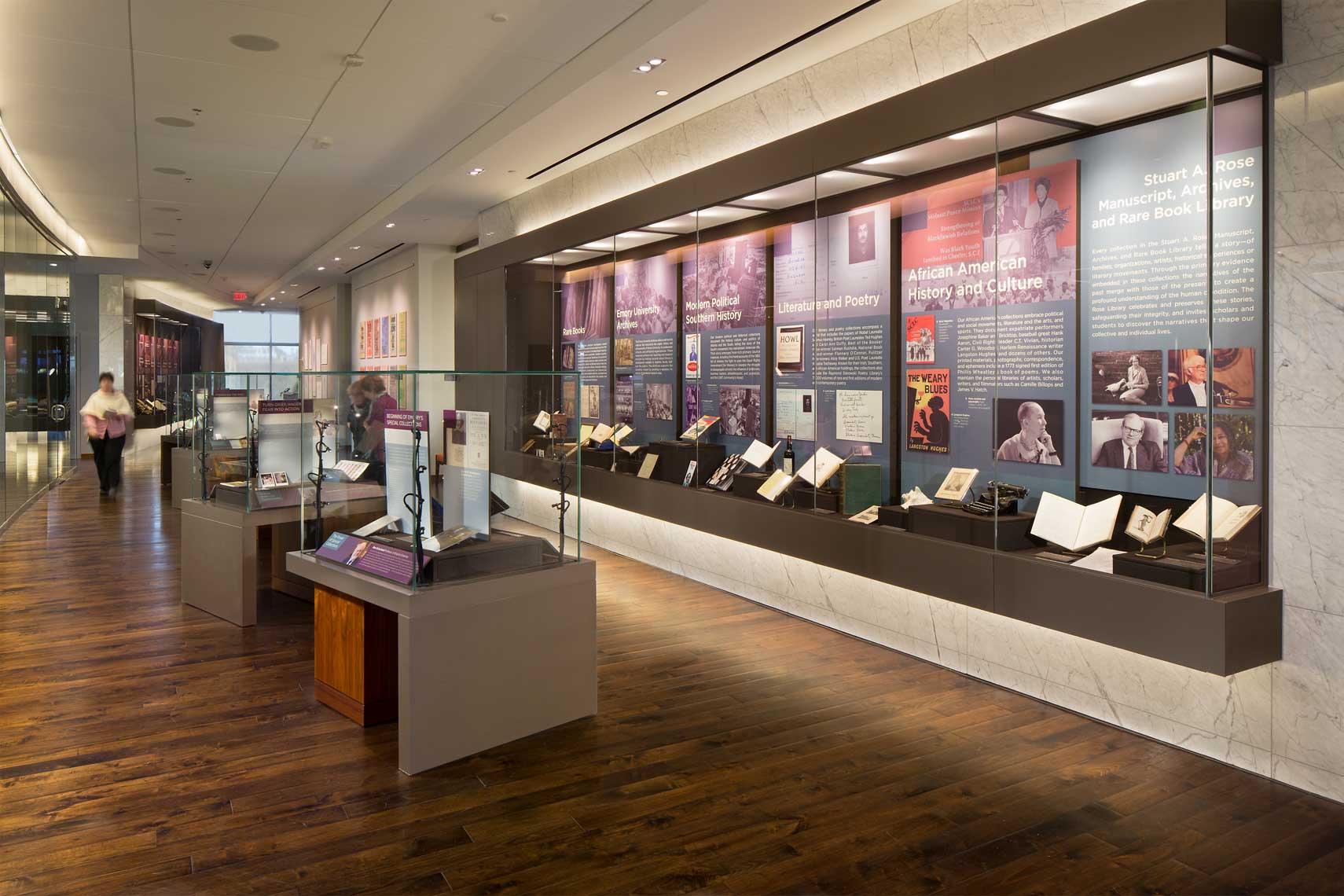 A view of the main display area of the Stuart A. Rose Manuscript, Archives, and Rare Book Library