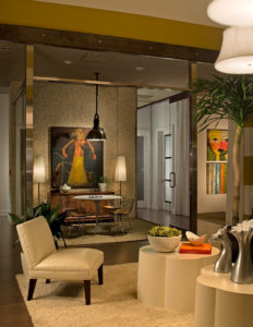 An interior view of the well-appointed lobby at the Five East Apartment Community