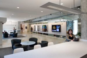 A view of the GA Tech Civil & Environmental Engineering building lobby, with students