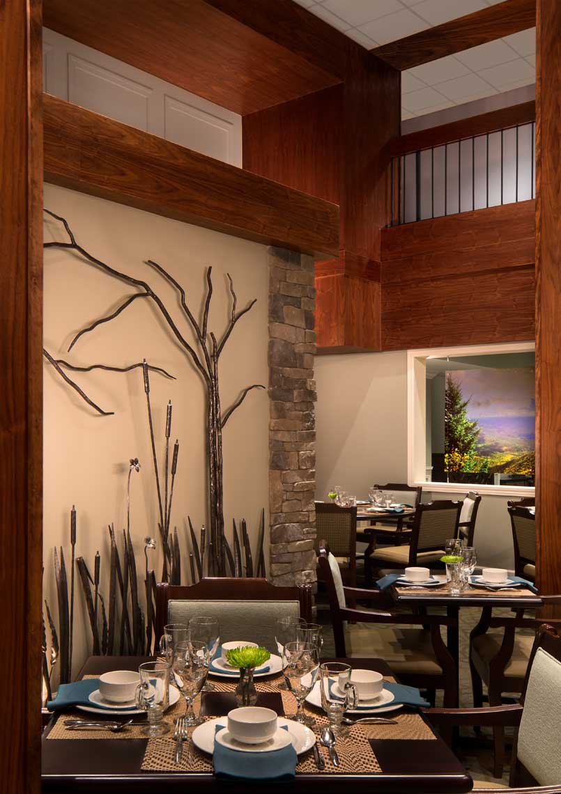 A detail view of the dining room at Grace Ridge, highlighting wood beams and architecture