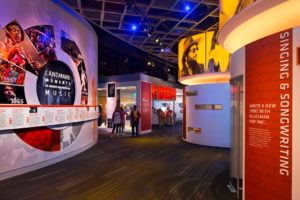 A view of people enjoying the display spaces at the Grammy Museum in Cleveland, Mississippi