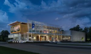 A stunning twilight portrait of the beautiful Grammy Museum in Cleveland, Mississippi