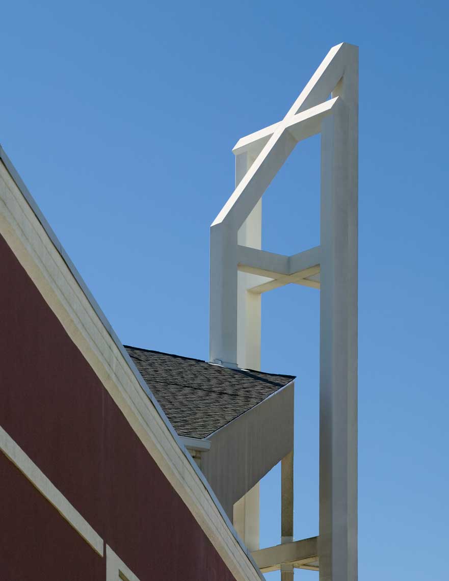 A daytime exterior view of the cross detail outside of the Korean Community Presbyterian Church
