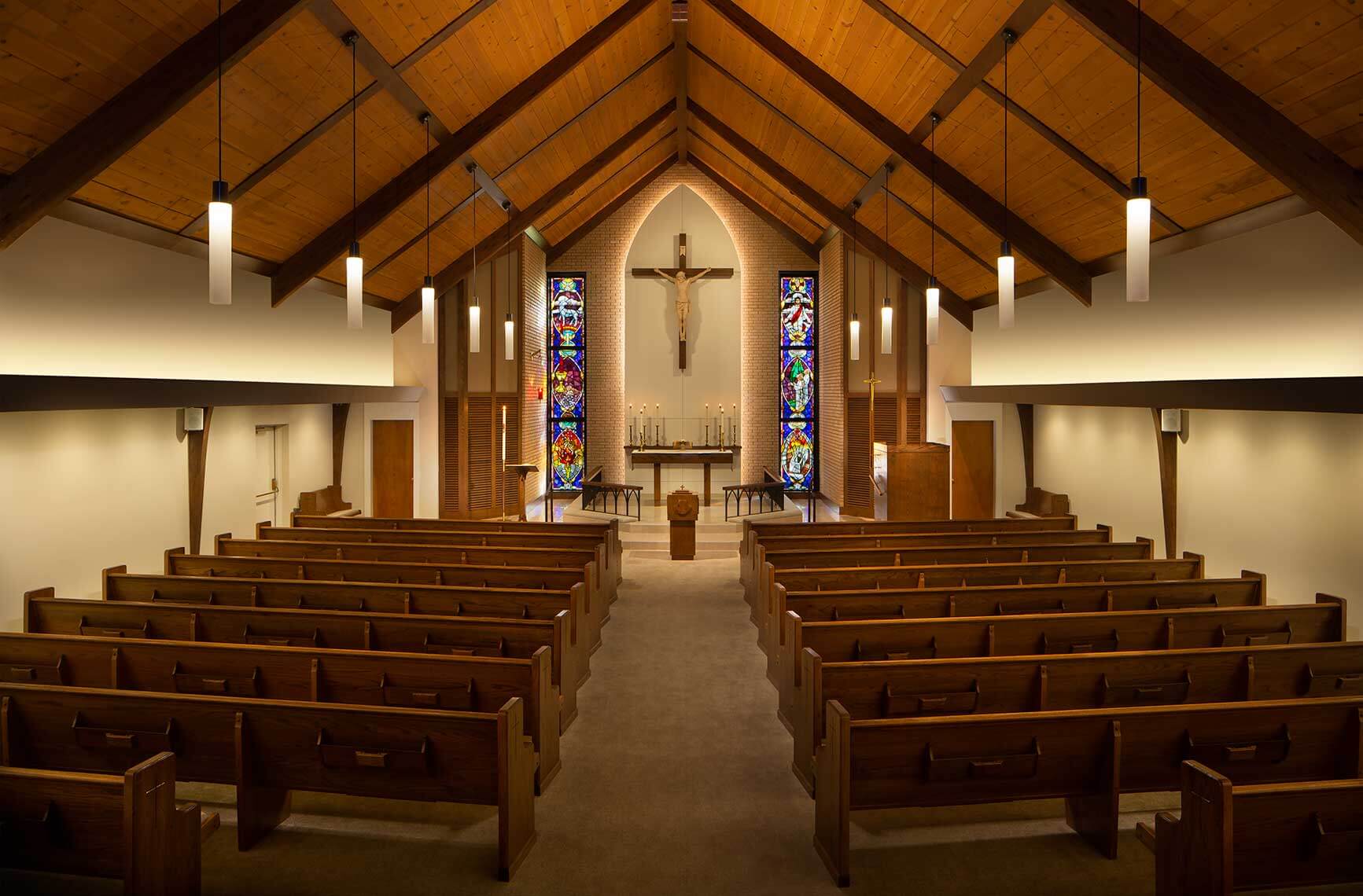 A head-on view from the rear of the sanctuary of the Lutheran Church in Bellevue, Tennessee