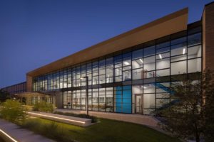 An exterior twilight view of the Learning Resource Center at Midlands Tech