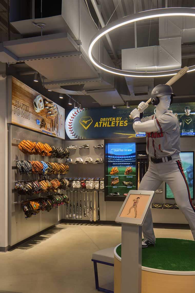 A view of the retail space dedicated to baseball and softball at the Mizuno Experience Center