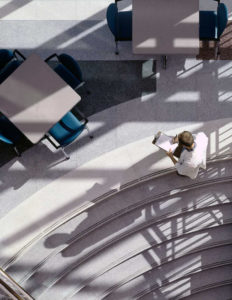 A daytime interior sunny view of the architecture and shadow patterns at NIOSH in West Virginia