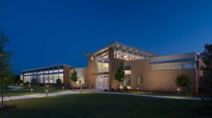 A twilight view of the nicely lighted Ogeechee Technical College Health Sciences Building