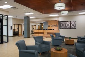 A view of the inviting reception area at the Oviedo Medical Center in Oviedo, Florida