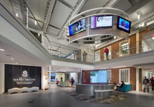 An interior detailed view of the lobby at the School of Journalism at USC