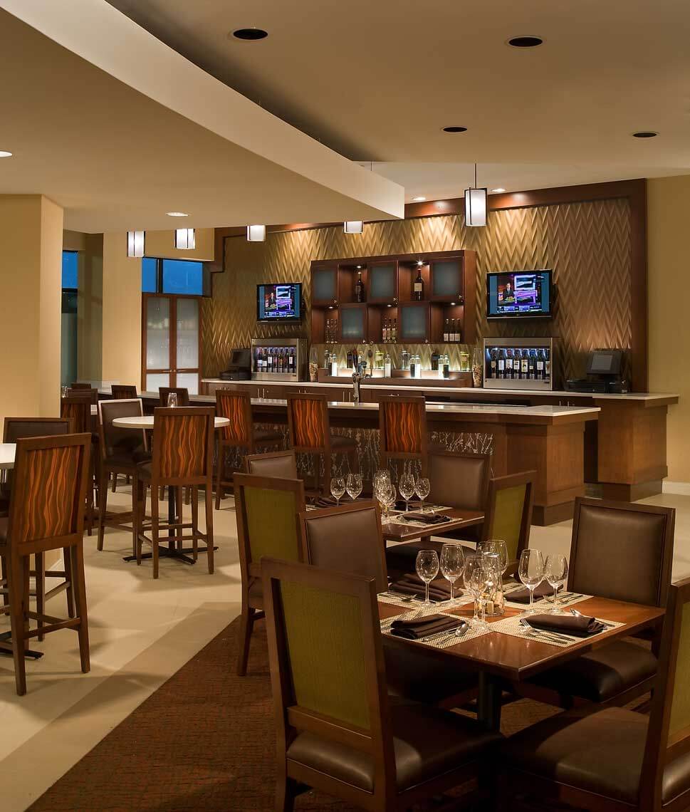 A photo of the crisp design and textured materials in the Sheraton Iowa City bar and lounge