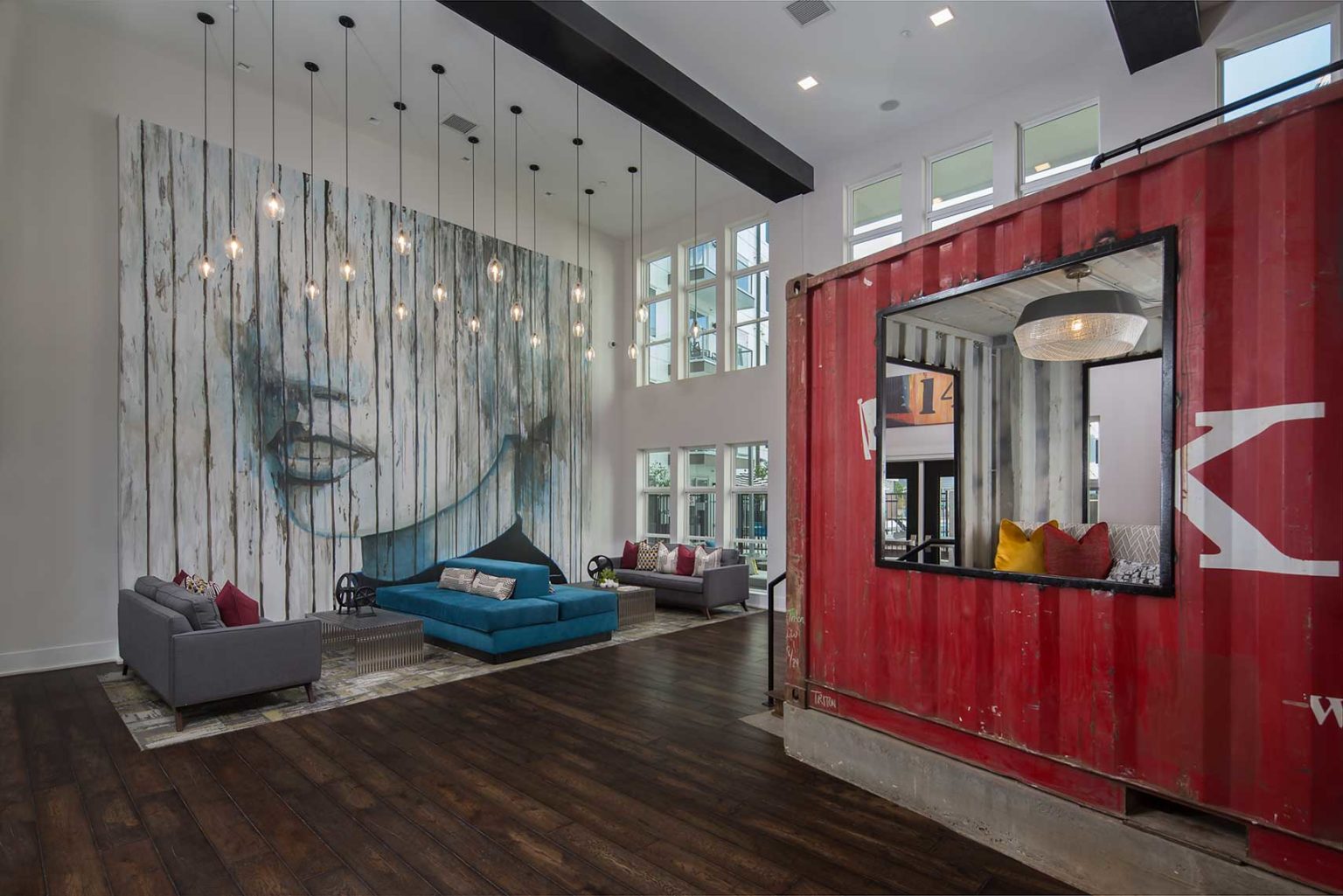 An interior photo of the fun detailing in the lobby of the Spoke at Edgewood-Candler Apartments