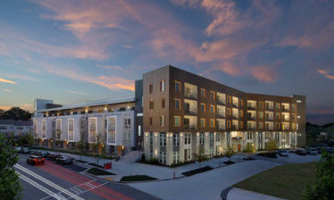 An elevated view at twilight of the Spoke at Edgewood-Candler Apartment Community - Atlanta Architectural Photographers