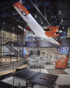 A fun-filled photo of the Rec Room, complete with an airplane hanging from the ceiling, at First Baptist Church in Spartanburg, SC