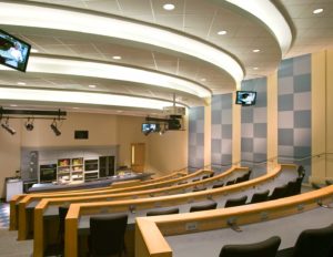 A view of an architecturally interesting amphitheater classroom at Trident Technical College