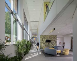 An interior view of the hallway at the Student Heath Center at USC