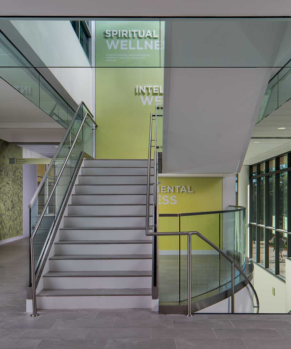 An interior detailed view of the Stairwell Student Heath Center at USC