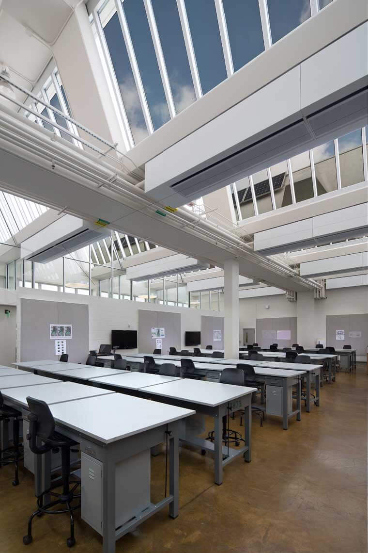 A view of a UGA College of Environment and Design building classroom with ample skylights